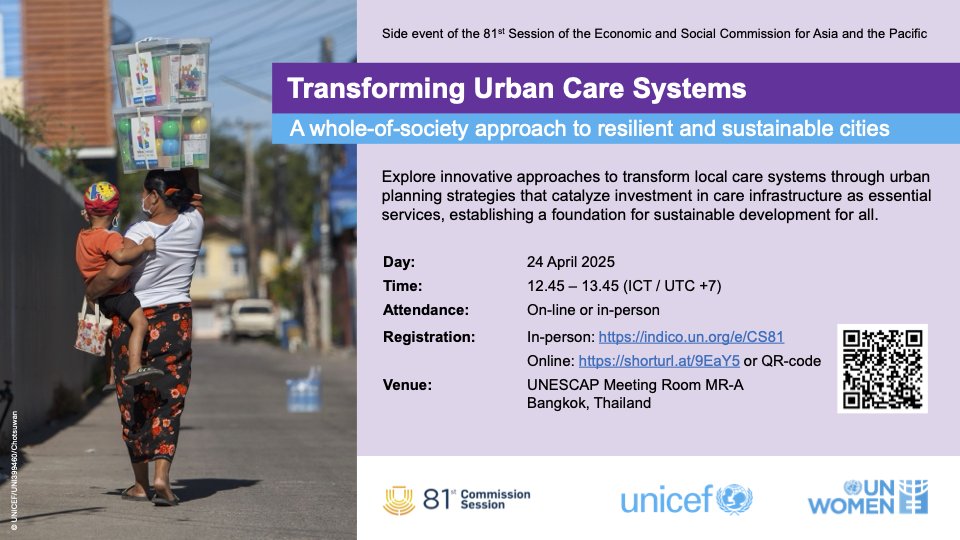 unwomenasia's tweet image. How to make cities caring &amp;amp; inclusive? Join
@UN_Women &amp;amp; @UNICEF side event: Transforming Urban Care Systems during the 81st Commission Session.   

📅 24 Apr, 12:45 (UTC+7 Hybrid) Register: unwo.men/54Us50VweCC 

#TransformCare #WEECare #CaringCities

@UNESCAP