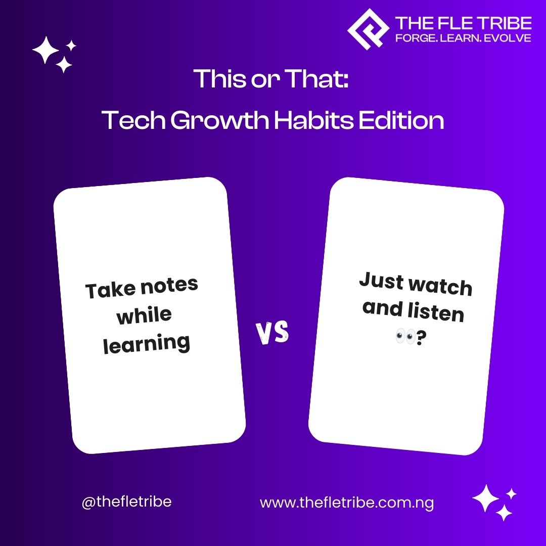 fletribe's tweet photo. This or That: Tech Growth Habits Edition
Take notes while learning ✍️ or just watch & listen 👀?
Writing things down (even messy!) helps it stick better.
What works best for you?
Let us know your choice in the comments!
#TheFLETribe #ThisOrThat #BeginnerTips #LearningInTech https://t.co/aCyZCqVX2s