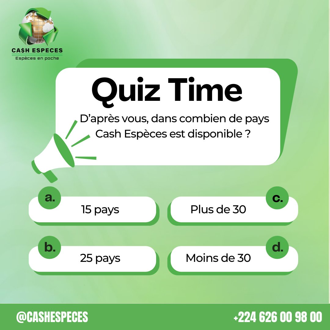 CashEspeces's tweet photo. Le saviez-vous ?
Nous sommes présent dans plusieurs pays pour faciliter vos transferts d’argent rapidement, en toute sécurité et 100% en espèces.
Alors, dans combien de pays selon vous ?
#CashEspeces #TransfertDargent #ChangeDevises #Guinée https://t.co/LIW03ejDne