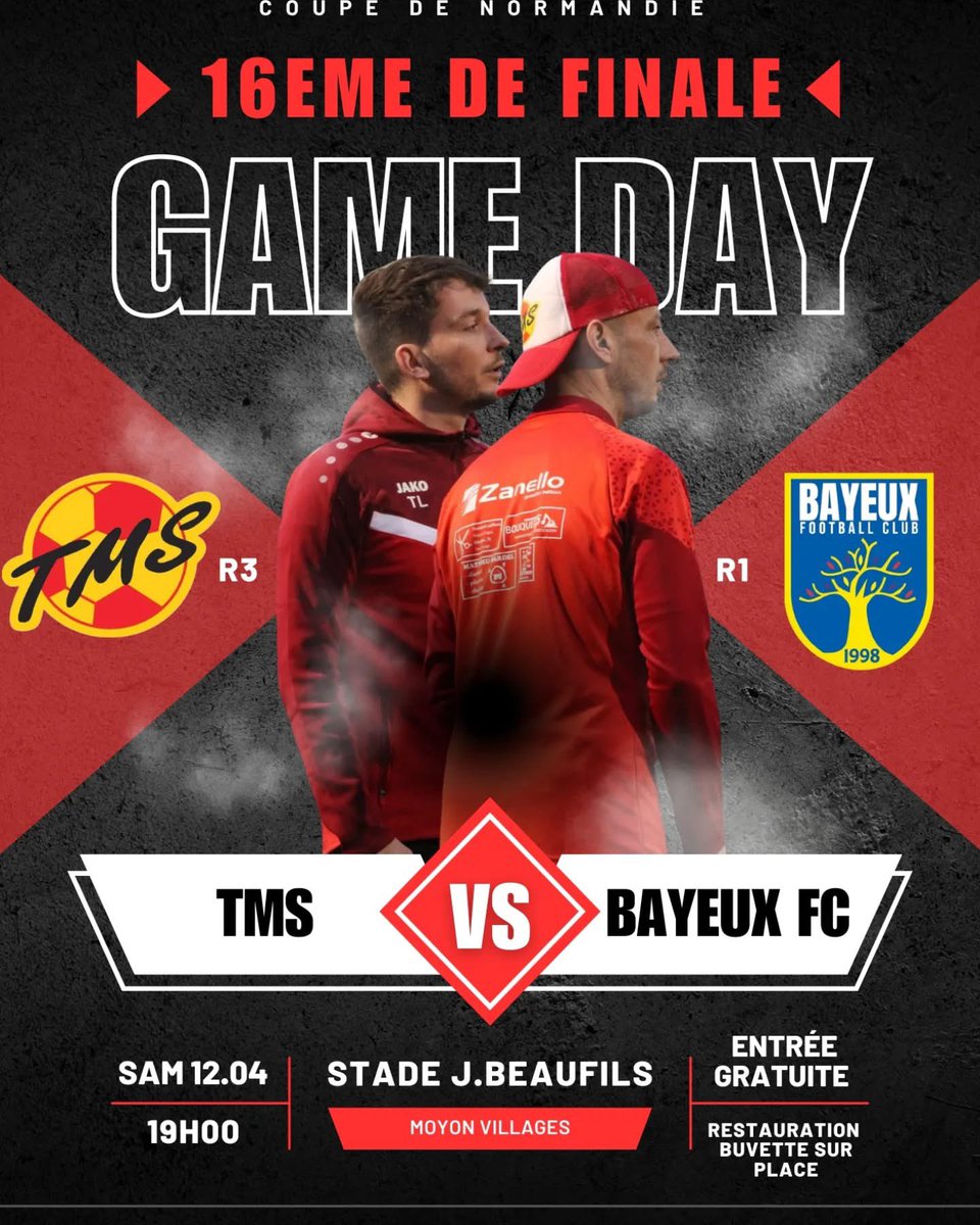 🔴🟡 𝑪𝑶𝑼𝑷𝑬 𝑫𝑬 𝑵𝑶𝑹𝑴𝑨𝑵𝑫𝑰𝑬 🟡🔴

🏆 Grosse affiche pour notre équipe fanion qui sera opposée au Bayeux FC (R1) dans ce 16e de finale de Coupe de Normandie ! 

🔥 Nous vous attendons nombreux demain à Moyon, coup d’envoi 19h ! Buvette et restauration sur place