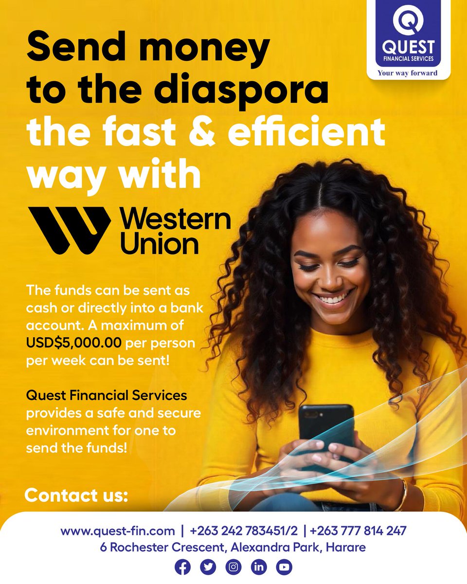 Quest_Fin_Zim's tweet photo. Connect with Your Loved Ones Abroad!

Send money to your loved ones in the Diaspora with ease and confidence through @WesternUnion at @Quest_Fin_Zim

1. Fast and Efficient: Swift transfers
2. High Limits: Send up to USD$5,000 per person/week
3. Safe and Secure: Trusted service https://t.co/leLRFEzrvi