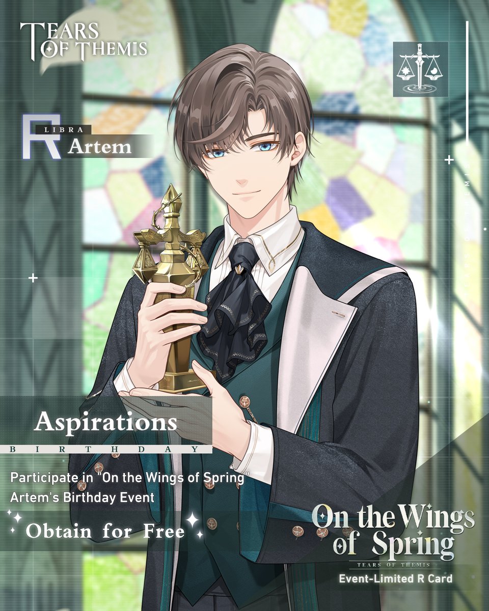 TearsofThemisEN's tweet photo. ✦ On the Wings of Spring ✦ Event Rewards

After the update from 2025/4/17 to 4/28 04:00 (UTC+9), complete the limited-time birthday tasks to get free Artem R card, birthday Invitation, event Badge, Tears of Themis, and various rewards!

#TearsOfThemis https://t.co/WSKIxnAu7d