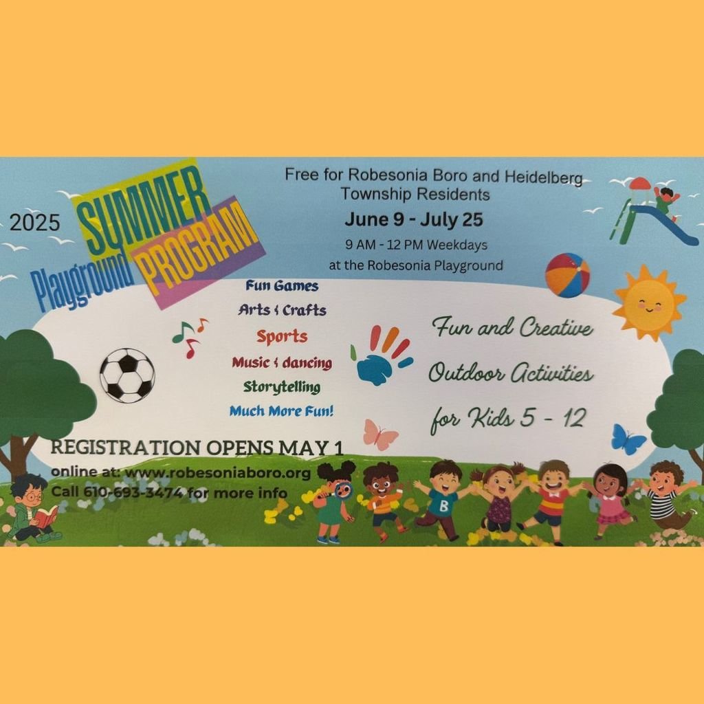 🎉 Robesonia Borough is hosting the 2025 Playground Program! 😁👧👦⚾🏀

FREE for Robesonia Borough &amp; Heidelberg Township residents!
Open to kids ages 5–12 🎈

📅 Registration begins May 1st — don’t miss it! 
#PlaygroundFun #SummerVibes #CommunityKids #WeAreWeiser