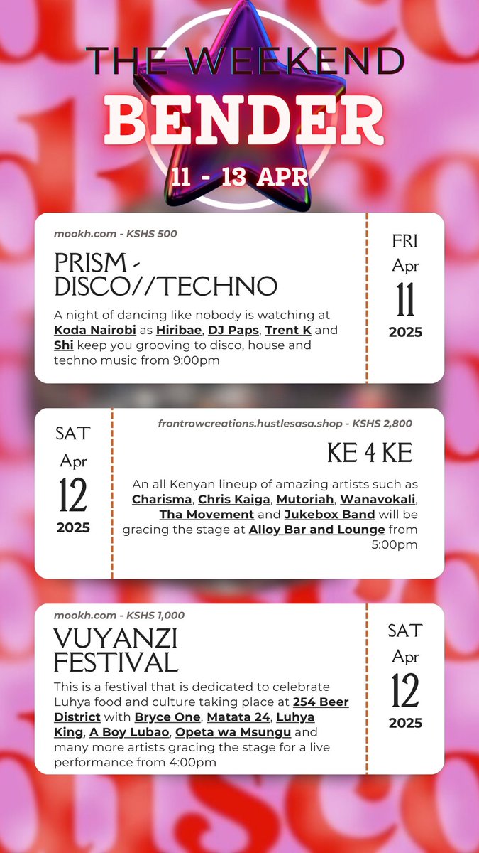 NairoBopFiesta's tweet photo. β¨ The Weekend Bender β¨
Whether you're dancing till sunrise, vibing with live bands, or watching a live stream..... We've got you covered
Don't say βno plansβ this weekend - we just handed you the blueprint.
#TheWeekendBender #NairobiEvents #ThingsToDoInNairobi https://t.co/qSXlIwrQmS
