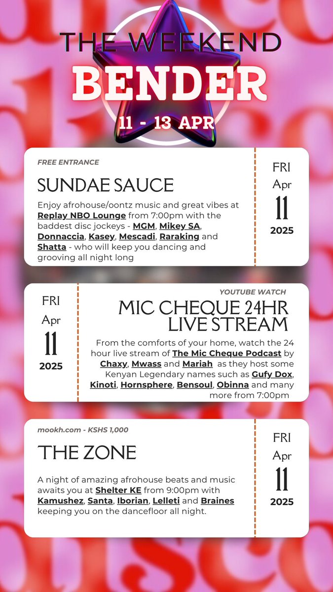 NairoBopFiesta's tweet photo. β¨ The Weekend Bender β¨
Whether you're dancing till sunrise, vibing with live bands, or watching a live stream..... We've got you covered
Don't say βno plansβ this weekend - we just handed you the blueprint.
#TheWeekendBender #NairobiEvents #ThingsToDoInNairobi https://t.co/qSXlIwrQmS