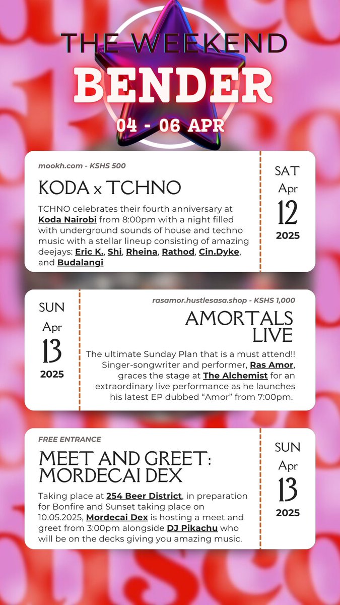 NairoBopFiesta's tweet photo. β¨ The Weekend Bender β¨
Whether you're dancing till sunrise, vibing with live bands, or watching a live stream..... We've got you covered
Don't say βno plansβ this weekend - we just handed you the blueprint.
#TheWeekendBender #NairobiEvents #ThingsToDoInNairobi https://t.co/qSXlIwrQmS