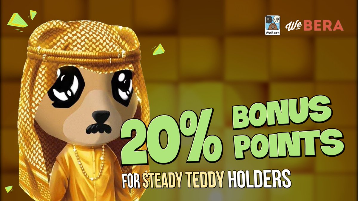 WeberaFinance's tweet photo. 20% bonus points for @steadyteddys holders 👑

For each steady teddy NFT, users will earn an additional 20% bonus points when depositing in our vaults (maximum 250%)

More points = more incentives = more yield. Easy as that!

 → Stack your points now: https://t.co/bxAovutM3A https://t.co/nrmQcuUj23