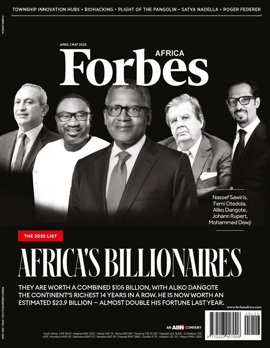 RENUKA METHIL (@methilrenuka) on Twitter photo Africa’s billionaires are richer than ever! Their cumulative wealth has surpassed $100 billion for the first time! It’s no small feat in Africa, where political uncertainty, currency crises n challenging markets are routine. It’s all in the April/May 2025 issue of <a href="/forbesafrica/">Forbes Africa</a> Africa’s billionaires are richer than ever! Their cumulative wealth has surpassed $100 billion for the first time! It’s no small feat in Africa, where political uncertainty, currency crises n challenging markets are routine. It’s all in the April/May 2025 issue of <a href="/forbesafrica/">Forbes Africa</a>