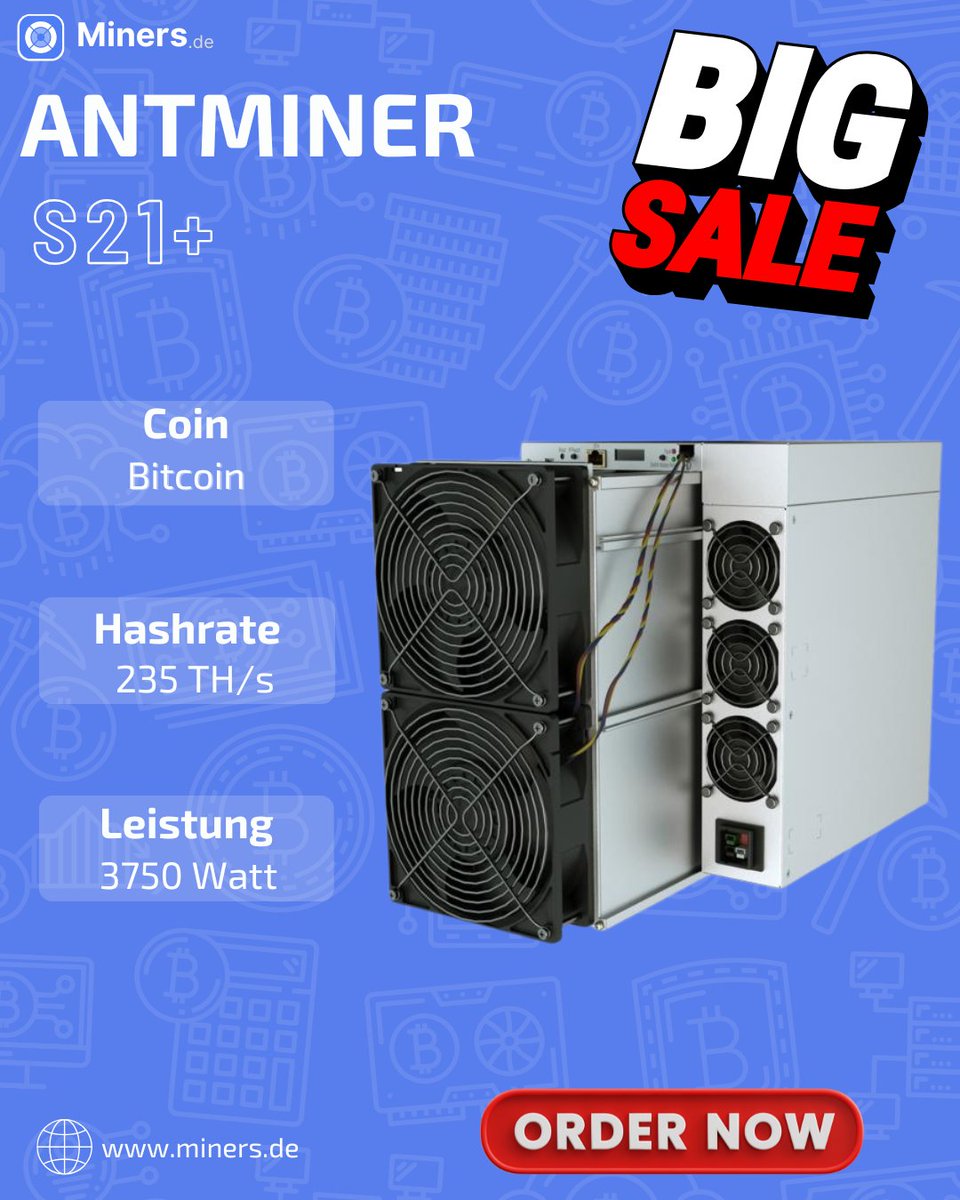Miners_de_'s tweet photo. ⚡ Antminer S21+ – Die neue Generation der Bitcoin Power! 🔥🪙

Der S21+ von Bitmain ist da – und bringt brutale Hashrate bei maximaler Effizienz!
Ob Mining-Farm oder ambitionierter Einzelminer – dieses Gerät liefert, was echte Profis brauchen.

🚀 Hashrate: bis zu 215 TH/s
💡 Energieeffizienz: nur ca. 16 J/TH – extrem stark!
🌡️ Robust & zuverlässig im Dauerbetrieb
🔧 Ideal für anspruchsvolle Mining-Setups

Wer das Maximum aus seinem Strom herausholen will, kommt an diesem Kraftpaket nicht vorbei.

👉 Jetzt vorbestellen oder direkt sichern auf https://t.co/RscAms2UbE

#AntminerS21Plus #Bitmain #BitcoinMiner #ASICMiner #MiningPower #S21Plus #MinersDe #BTCMining #KryptoDeutschland #Bitcoin2025 #MiningHardware #EffizientMinen #HashrateMonster 🚀