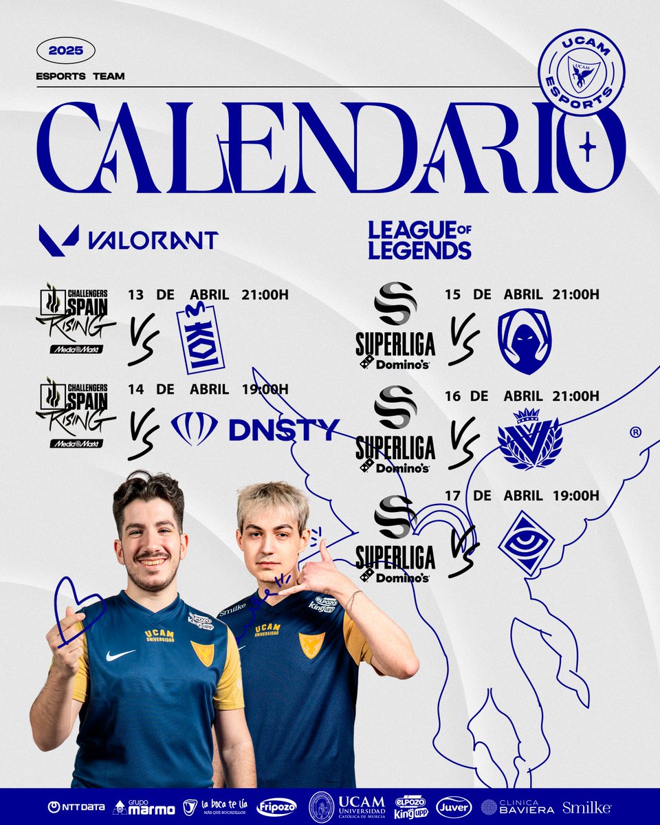 UCAM Esports (@ucam_esports) on Twitter photo 📆 CALENDARIO📆
Toca romper la racha de empates en la Rising 💪
#RisingMediaMarkt
🆚Domingo vs <a href="/MovistarKOIVAL/">Movistar KOI Valorant</a> - 21h
🆚Lunes vs <a href="/DNSTYgg/">DNSTY</a> - 19h
📺twitch.tv/KADnita | twitch.tv/LVPes2
#SuperligaDominos
🆚Martes vs <a href="/TeamHeretics/">Team Heretics</a> - 21h
🆚Miércoles vs <a href="/VVV_ESP/">Veni Vidi Vici 💛</a> - 21h 📆 CALENDARIO📆
Toca romper la racha de empates en la Rising 💪
#RisingMediaMarkt
🆚Domingo vs <a href="/MovistarKOIVAL/">Movistar KOI Valorant</a> - 21h
🆚Lunes vs <a href="/DNSTYgg/">DNSTY</a> - 19h
📺twitch.tv/KADnita | twitch.tv/LVPes2
#SuperligaDominos
🆚Martes vs <a href="/TeamHeretics/">Team Heretics</a> - 21h
🆚Miércoles vs <a href="/VVV_ESP/">Veni Vidi Vici 💛</a> - 21h