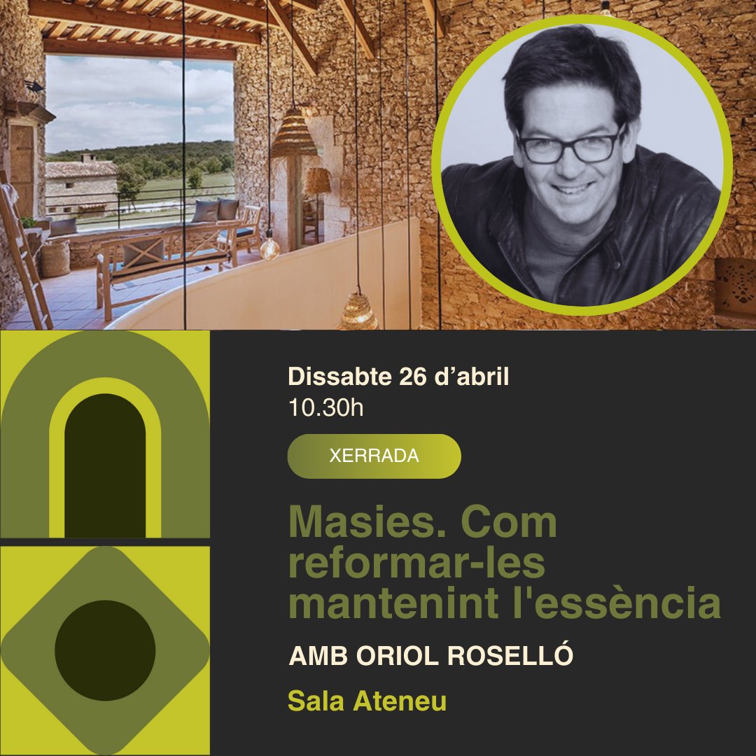 ▶️ ACTIVITATS FIRHÀBITAT 2025 ◀️

🗣️ Xerrada.
🖊️ Masies. Com reformar-les mantenint l'essència.

📅 Dissabte, 26 d'abril
🕒 10.30h

📍 Sala Ateneu

A càrrec d'Oriol Roselló.
