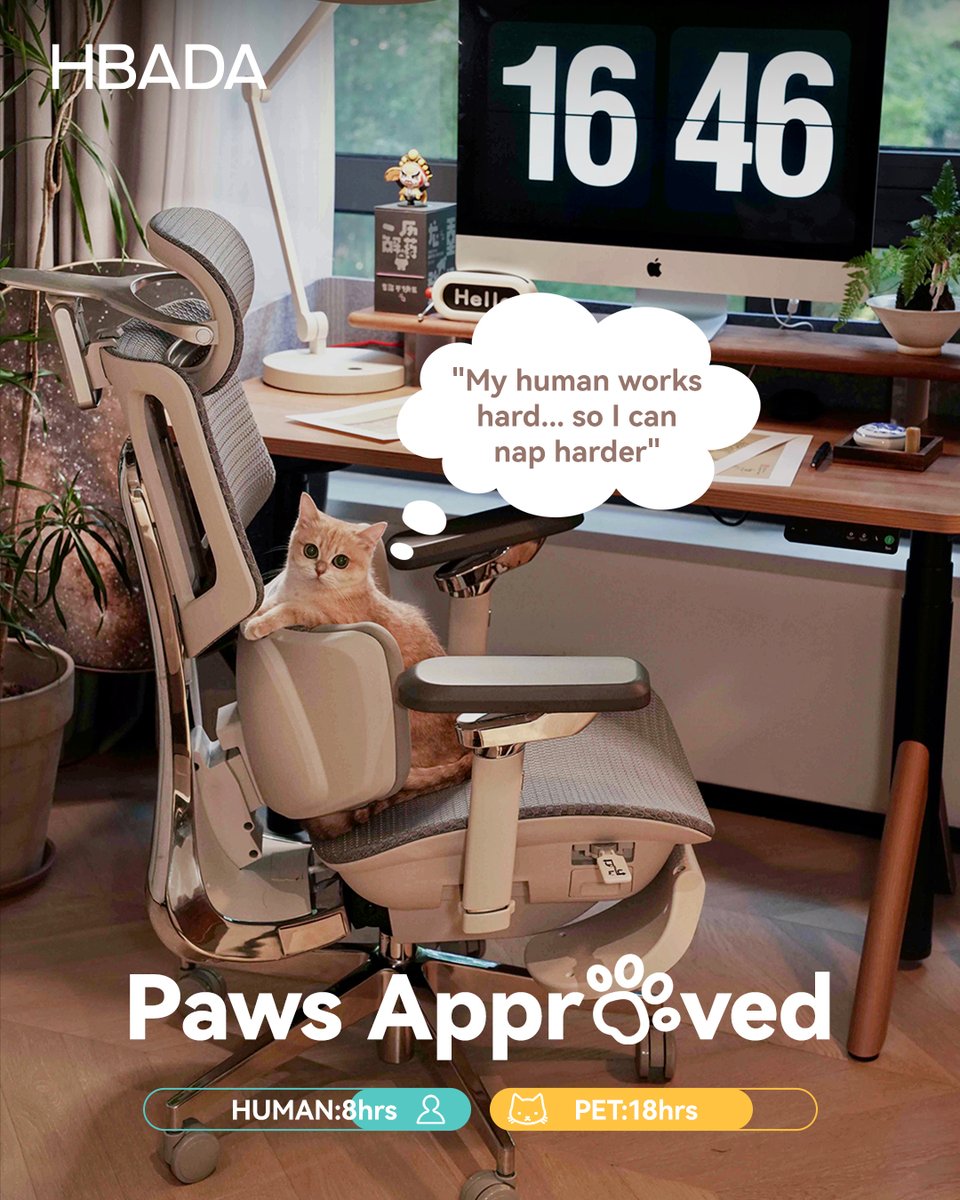 "Paws Approved™ Where ergonomic comfort meets furry naps HBADA E3 × National Pet Day —— Because your spine &amp; your cat both deserve cloud-level support —— Double Duty Design: ☁️ Your 8-hour WFH throne 🐾 Their 18-hour snooze zone Tag your work-from-home cuddle buddy!