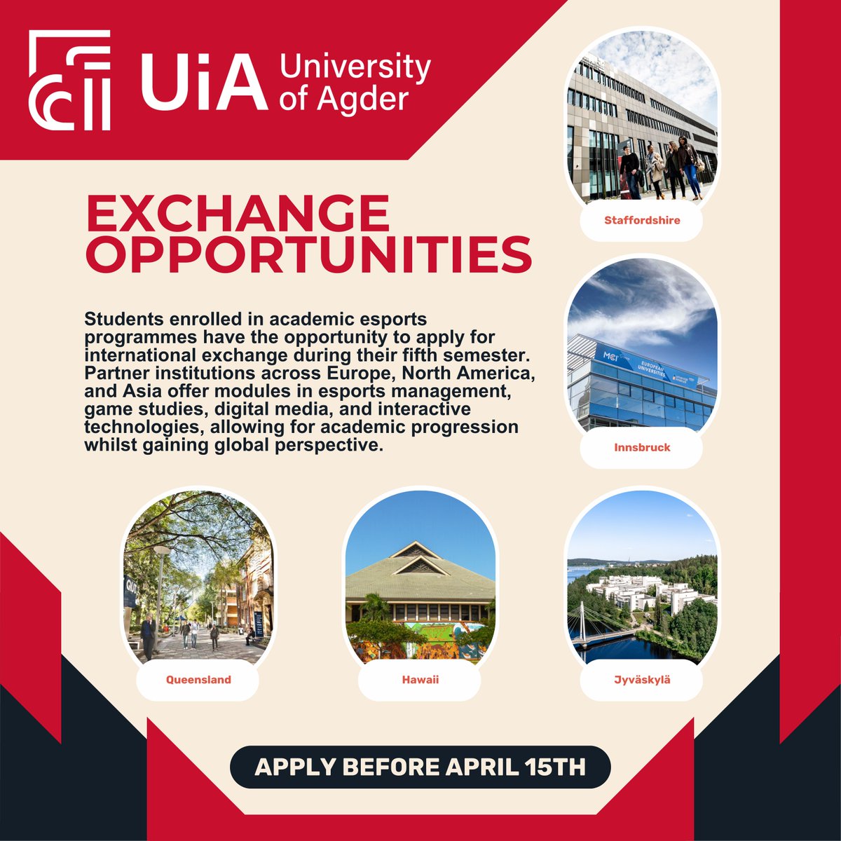 UiA provides great exchange opportunities all over the world for our academic esports students!

Read more on LinkedIn: bit.ly/4jlQX8K