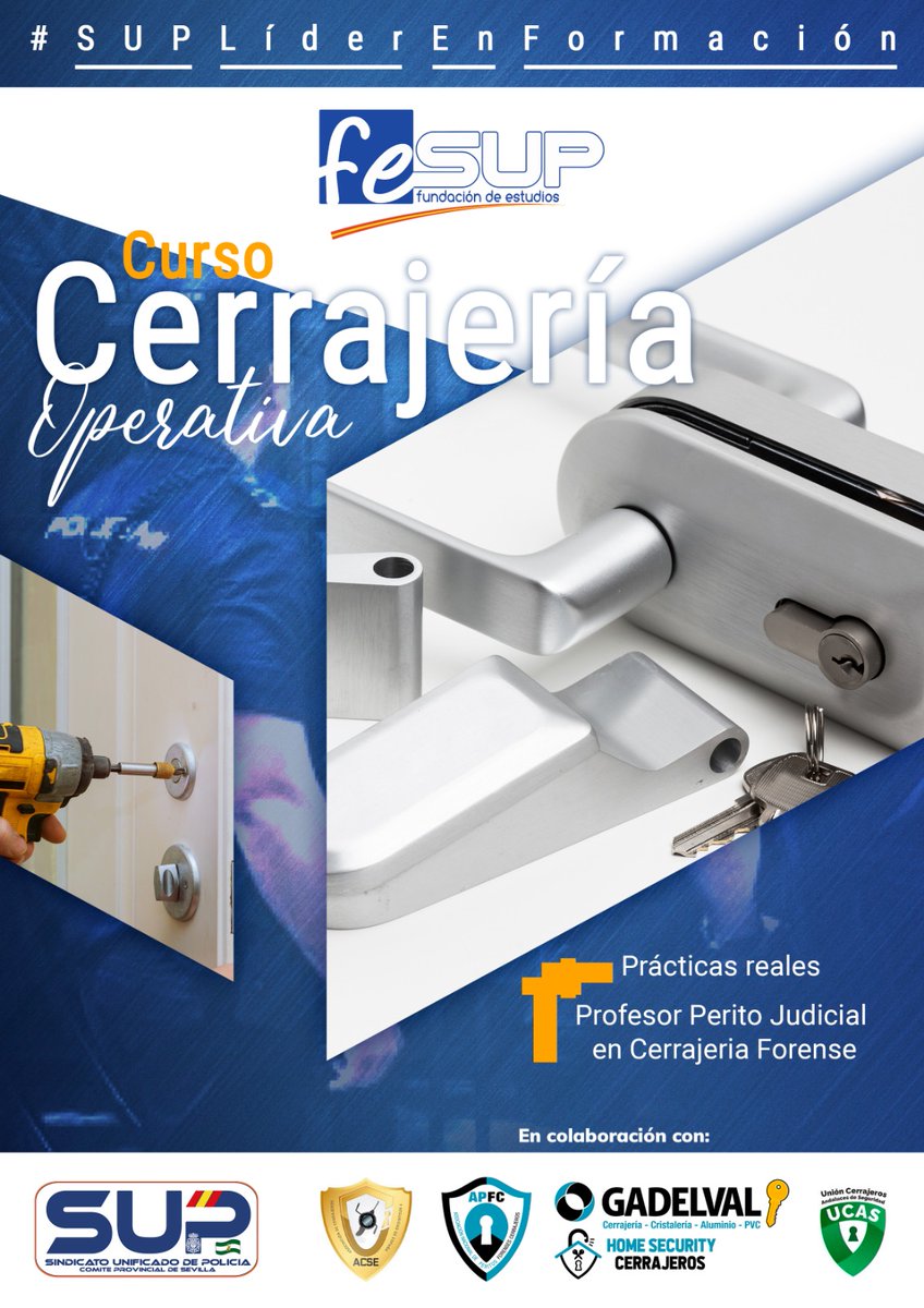 Jornadas presenciales #Sevilla: Cerrajería Operativa
📆16 de junio
🕙09H🕑14H
2⃣5⃣ Plazas limitadas
🛠️Prácticas reales en taller de cerrajería
👮‍♂️👮‍♀️Gratuito para afiliados
Inscripciones hasta el 30 de mayo⤵️
📩formacion.andalucia@sup.es
☎️954282225-648278925
#SupLíderEnFormación