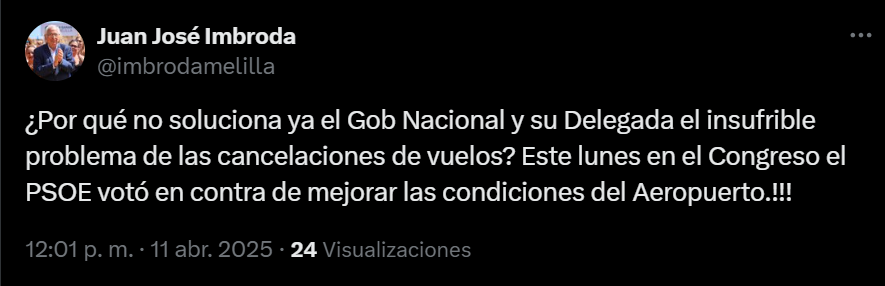 🛬✖️En lo que llevamos de mañana, se han cancelado o desviado hasta 4 aviones procedentes de Madrid y Málaga por las condiciones climatológicas. 

➡️El presidente <a href="/imbrodamelilla/">Juan José Imbroda</a>, clama a la <a href="/DelegGobMl/">Delegación del Gobierno en Melilla</a> por votar en contra de las propuestas de mejora del Aeropuerto de Melilla.
