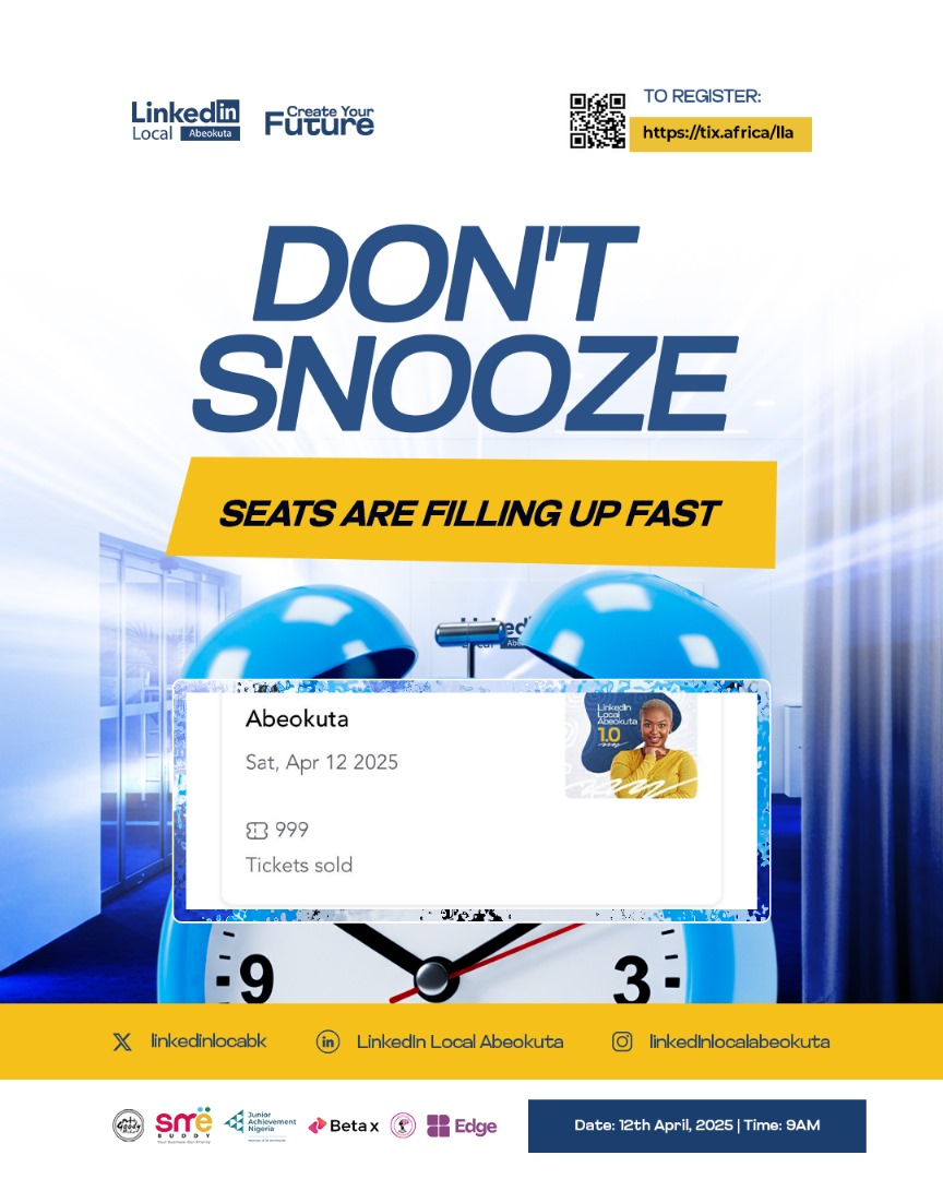 linkedinlocabk's tweet image. Your seat is almost gone!

LinkedIn Local Abeokuta is tomorrow, and 999 tickets are already sold!

Don&apos;t snooze, register now: tix.africa/lla

Seats are filling fast. Will yours still be there?

#createyourfuture #lla2025 #linkedinlocalabeokuta