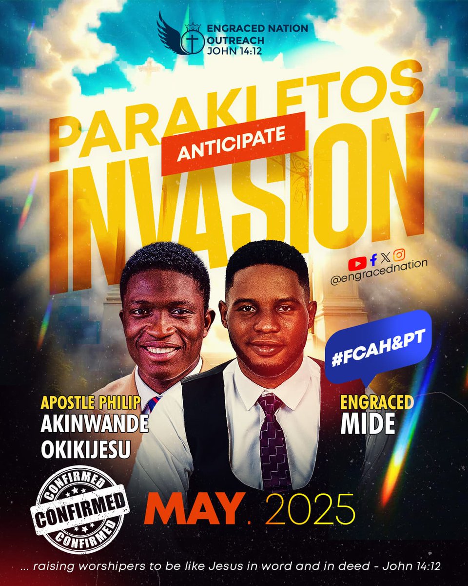 vic_adeyemi's tweet photo. ANTICIPATE the PARAKLETOS INVASION
May 2025 | A mighty move of the Spirit awaits!
With Apostle Okikijesu, Pastor Akorede, Min. Afonja, Min. Victoria Opeyemi & Engraced Mide (Host).
John 14:12
#FCAH&PT #ParakletosInvasion2025 #EngracedNation
@EngracedNation
Designed Fully by ME.. https://t.co/bWhNbf0AvN