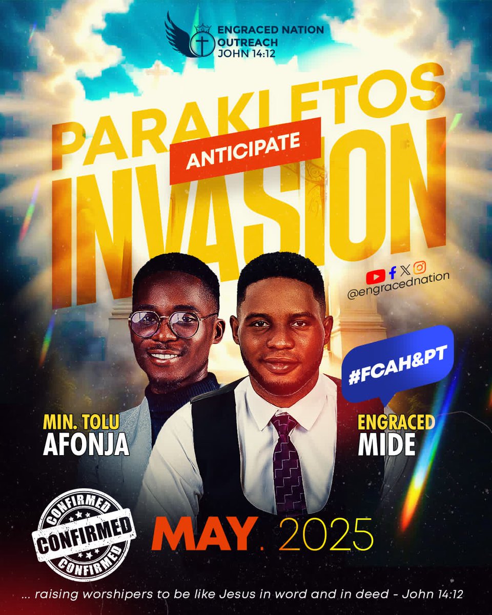 vic_adeyemi's tweet photo. ANTICIPATE the PARAKLETOS INVASION
May 2025 | A mighty move of the Spirit awaits!
With Apostle Okikijesu, Pastor Akorede, Min. Afonja, Min. Victoria Opeyemi & Engraced Mide (Host).
John 14:12
#FCAH&PT #ParakletosInvasion2025 #EngracedNation
@EngracedNation
Designed Fully by ME.. https://t.co/bWhNbf0AvN