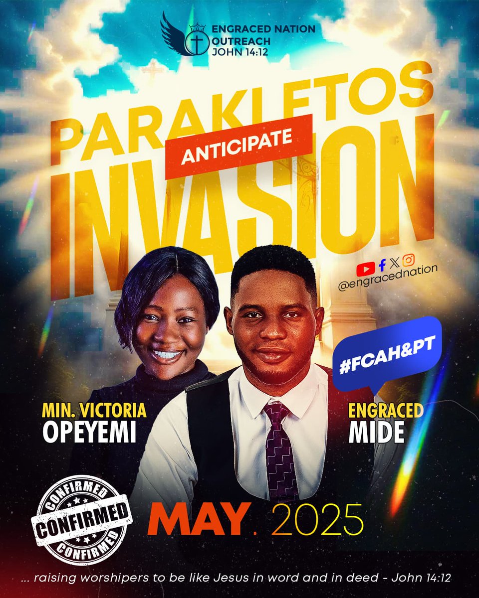 vic_adeyemi's tweet photo. ANTICIPATE the PARAKLETOS INVASION
May 2025 | A mighty move of the Spirit awaits!
With Apostle Okikijesu, Pastor Akorede, Min. Afonja, Min. Victoria Opeyemi & Engraced Mide (Host).
John 14:12
#FCAH&PT #ParakletosInvasion2025 #EngracedNation
@EngracedNation
Designed Fully by ME.. https://t.co/bWhNbf0AvN
