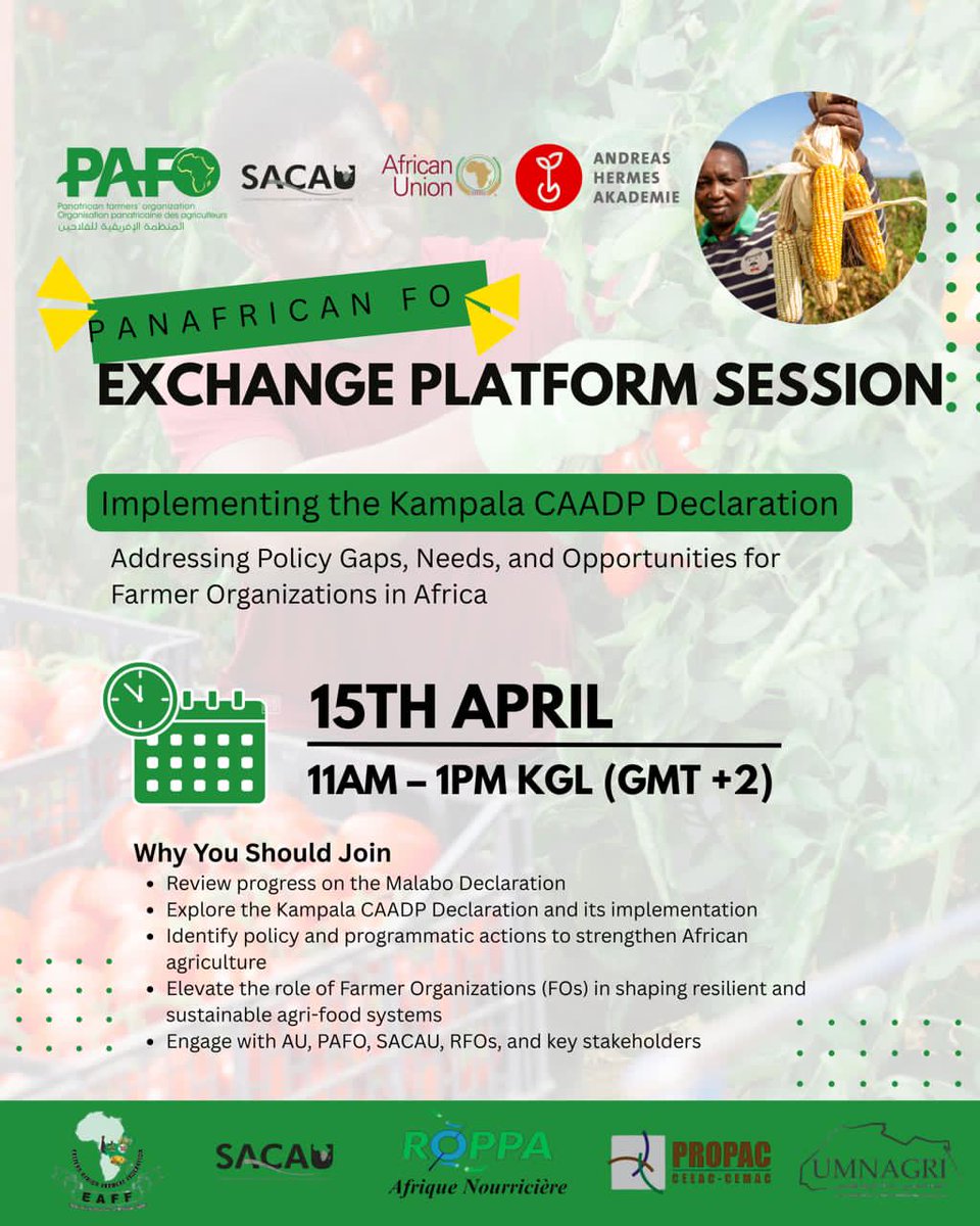 Join us for the 22nd session of the Pan-African FO Exchange Platform!
🗓️April 15 | 11AM–1PM KGL (GMT+2)
Theme: Implementing the Kampala CAADP Declaration
🔗 Register: us06web.zoom.us/meeting/regist…
#CAADP #FarmerOrganizations #AfricanAgriculture #PAFO #SACAU #AU