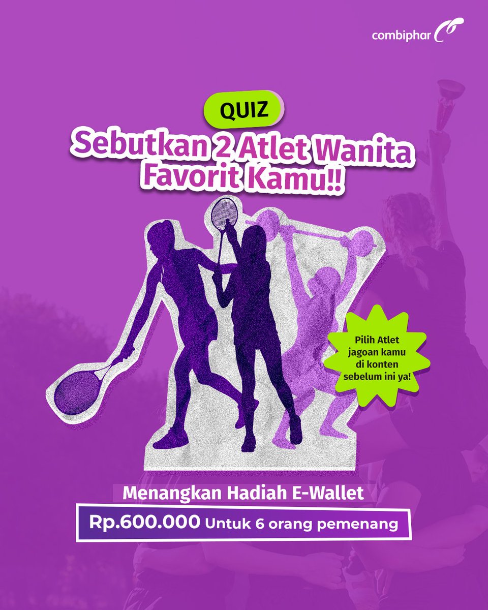 combipharID's tweet photo. Coba siapa atlet perempuan favorit kamu? Cek di post sebelum ini ya!
Ada total Hadiah Rp600.000 untuk 6 orang pemenang lho 😁
Cara ikutannya kamu cukup:
1. Follow Instagram @Combiphar, Twitter @CombipharID dan TikTok @combipharid.
2. Jawab pertanyaan di gambar. https://t.co/9l50r4qtFr