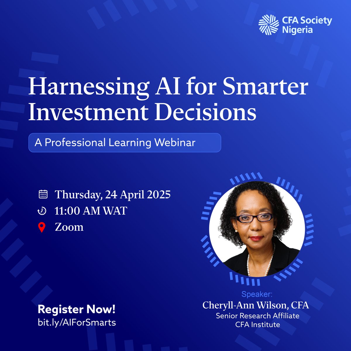 CFASocietyNG's tweet photo. AI is not the future of investing—it’s the present. Are you equipped?

Join us on April 24 for a must-attend webinar on Harnessing AI for Smarter Investment Decisions. Save your seat: https://t.co/ThOVvxddHc

#CFANaija #AIinInvesting #FinanceWithAI #CFAInstitute https://t.co/7sgctNlJnB