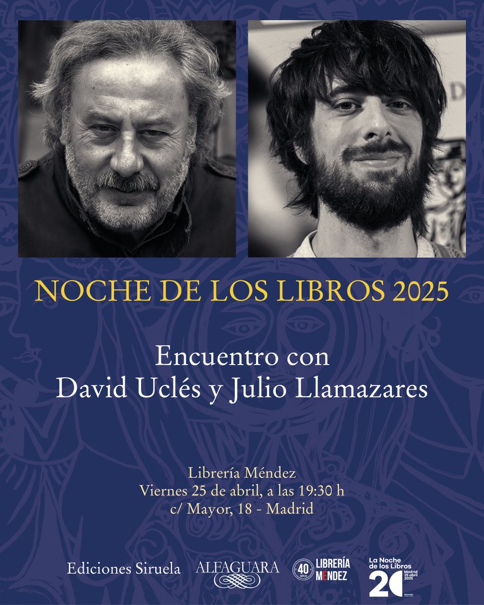 Siruela (@edicionesiruela) on Twitter photo ¡Ojo! Anota esta cita en #LaNochedeLosLibros de #Madrid:
<a href="/daviducles_/">David Uclés</a> conversará con Julio Llamazares el próximo 25/04 en <a href="/Mendezlibreria/">Librería Méndez</a> a las 19:30 h. sobre el fenómeno editorial del año LA PENÍNSULA DE LAS CASAS VACÍAS.
Toda la info aquí 👉 lc.cx/r-jhoi ¡Ojo! Anota esta cita en #LaNochedeLosLibros de #Madrid:
<a href="/daviducles_/">David Uclés</a> conversará con Julio Llamazares el próximo 25/04 en <a href="/Mendezlibreria/">Librería Méndez</a> a las 19:30 h. sobre el fenómeno editorial del año LA PENÍNSULA DE LAS CASAS VACÍAS.
Toda la info aquí 👉 lc.cx/r-jhoi