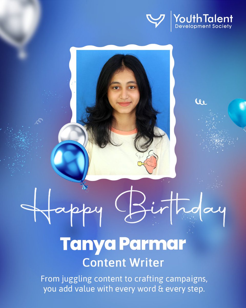 YTDS_foundation's tweet photo. 🎉✨ Join us in wishing a very Happy Birthday to Tanya Parmar!
Our Project Coordinator &amp; Content Writer who brings brilliance to the boardroom and magic to the drafts.
#YTDSFamily #Celebration #TeamCelebration #HappyBirthday #ContentWithImpact #ProjectPro https://t.co/EHhKOeZDY1