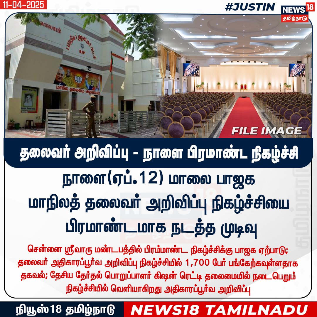News18TamilNadu's tweet photo. #JUSTIN நாளை(ஏப்.12) மாலை பாஜக மாநிலத் தலைவர் அறிவிப்பு நிகழ்ச்சியை
 பிரமாண்டமாக நடத்த முடிவு

#BJP #StateLeader #News18Tamilnadu | https://t.co/3v5L32pe7b https://t.co/CgPp6UQJnx