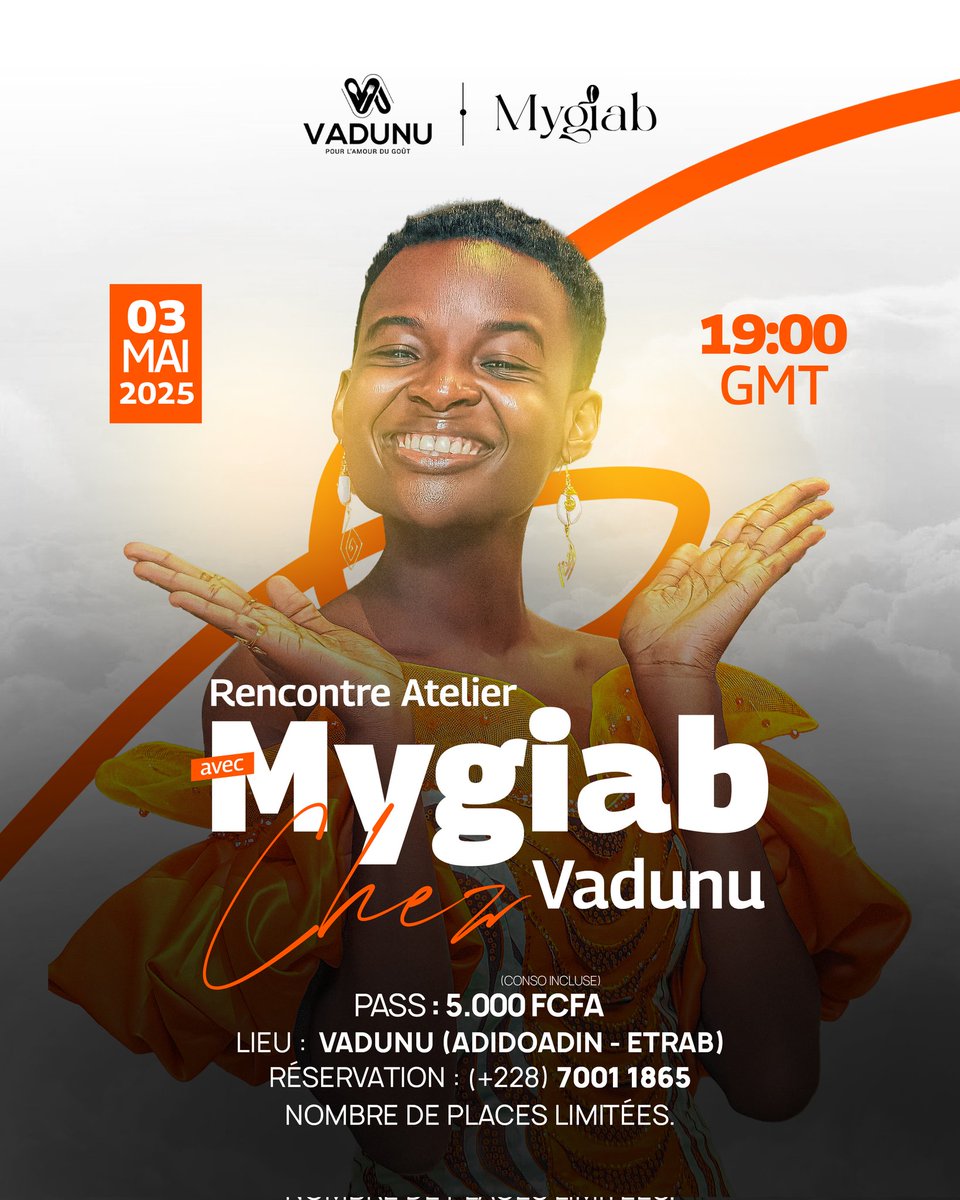 Bonne nouvelle ma Mygmif !

En mai, vivez une rencontre Atelier fun avec moi au restaurant vadunu: discussions, partages et plein de vers ! 🎉 

Réservations : +228 70011865. 

⚠️ Places limitées ! ⚠️

#RencontreAvecMygiab #Lomé #Togo