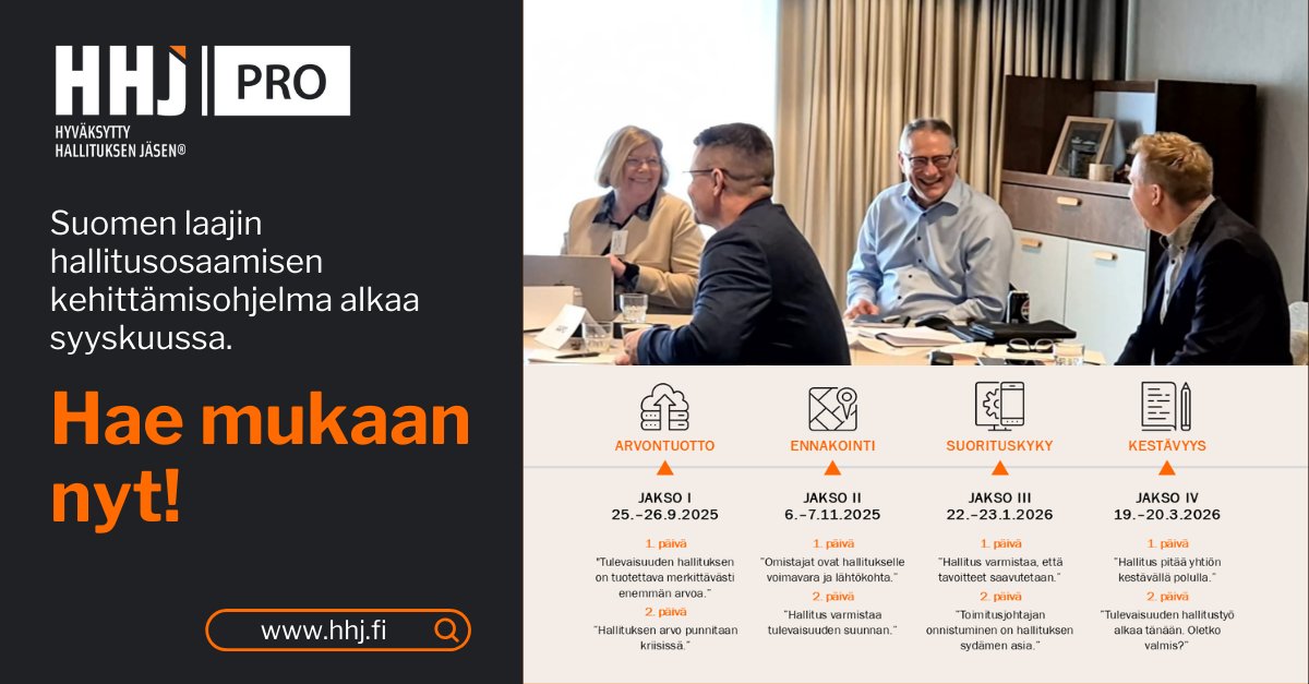 HHJ_fi's tweet photo. HHJ Pron avulla vahvistat osaamistasi ja arvoasi hallitustekijänä sekä tavoitat korkean profiilin hallitusosaajaverkoston. 
HHJ Pro 5 -ohjelma alkaa syyskuussa, haku on auki nyt! 
https://t.co/raeRzAxDi8 https://t.co/2RvrxHcbOb