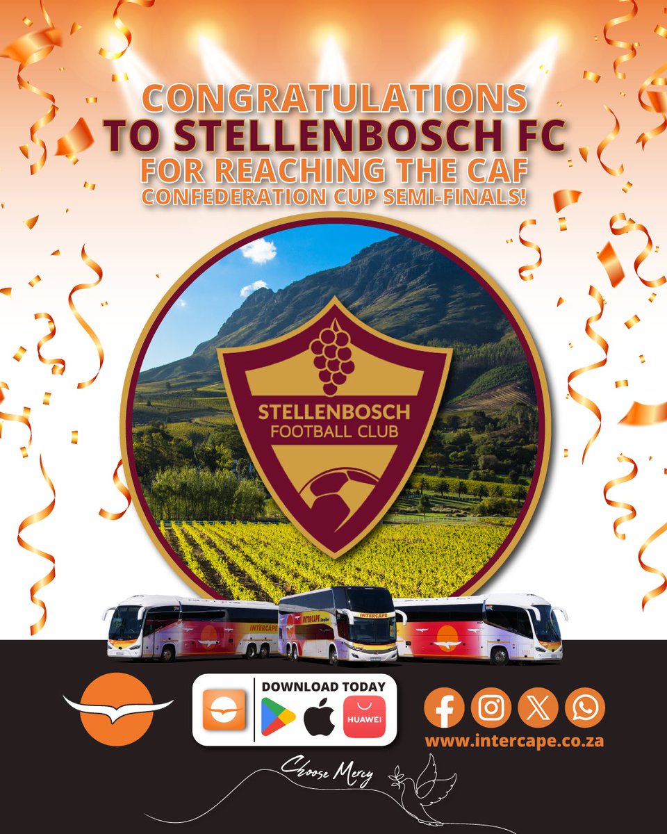 IntercapeBus's tweet photo. Congratulations to Stellenbosch FC for Reaching the CAF Confederation Cup Semi-Finals!
Download the Intercape App TODAY at https://t.co/EM8ficmtq3 ,or on your preferred app store.
#Intercape #DownloadtheIntercapeApp #StellenboschFC #CAFCup #ProudSponser https://t.co/aWOTNHTSGA