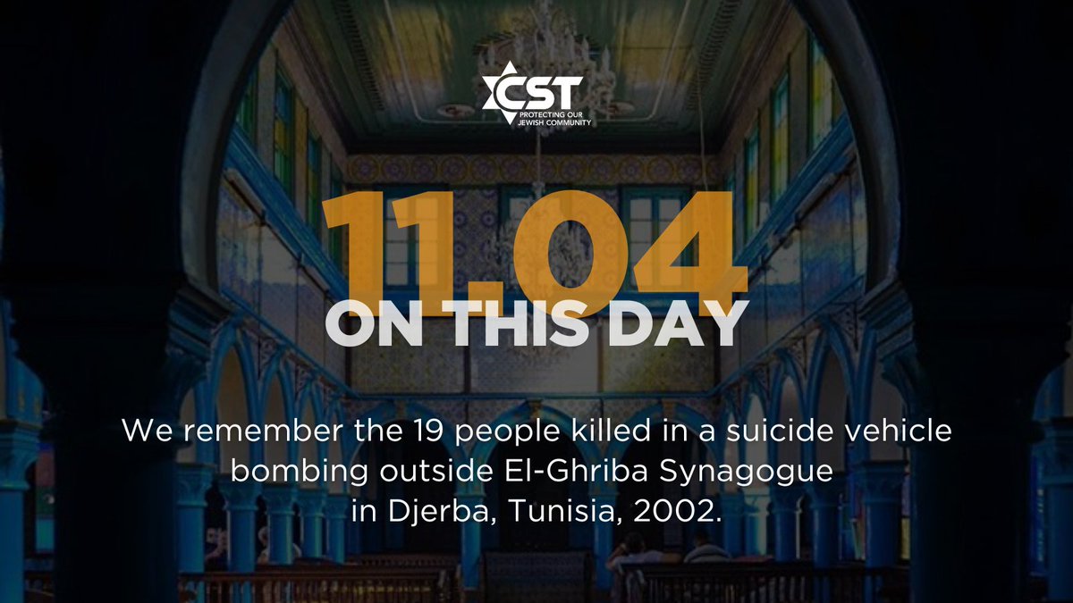 On this day, we remember the 19 people killed in a suicide vehicle bombing outside El-Ghriba Synagogue in Djerba, Tunisia, 2002.

A Tunisian al-Qaeda (AQ) operative drove a truck with liquid propane into the synagogue’s outer wall. An AQ spokesman claimed responsibility two