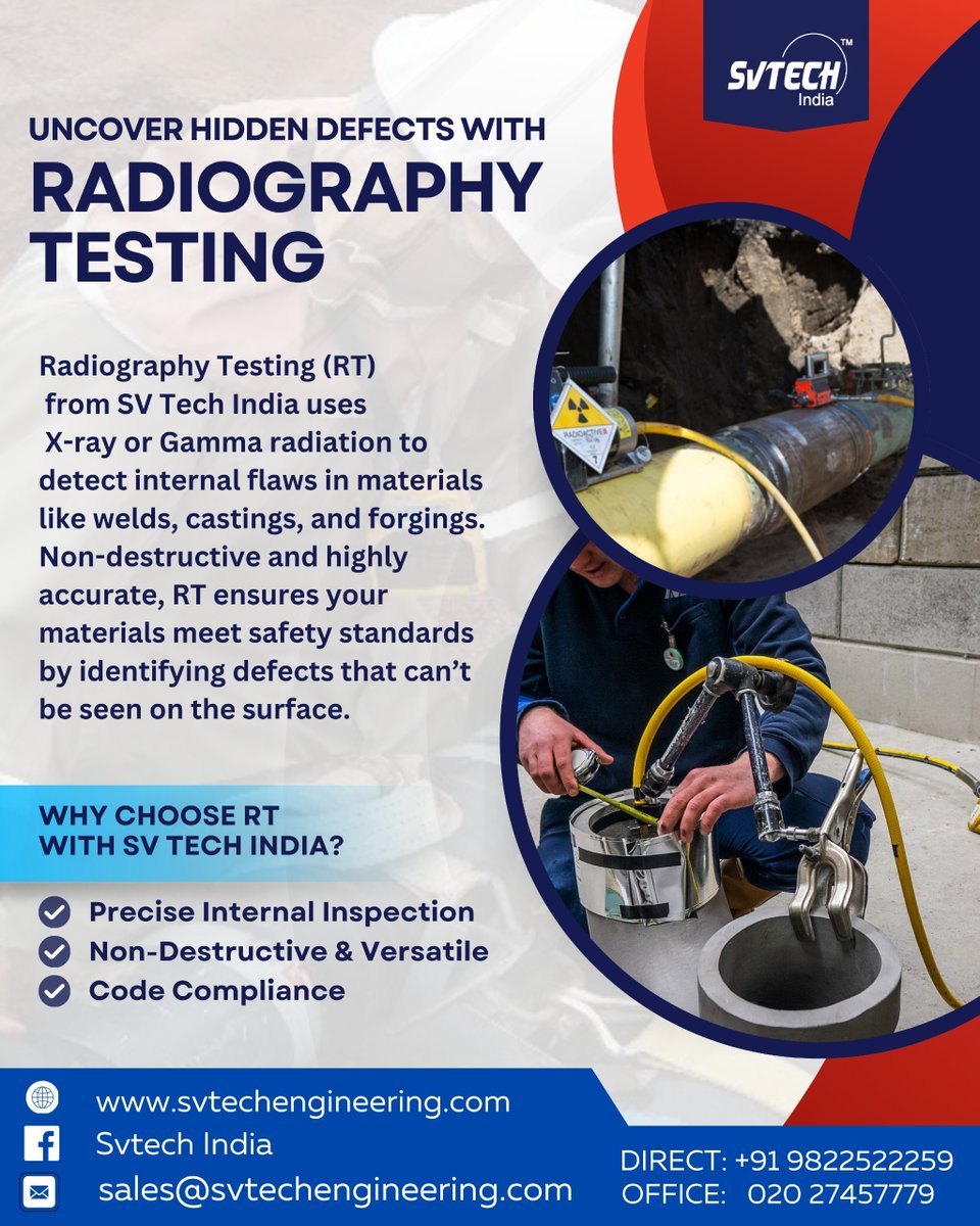SVTech_India's tweet photo. Uncover Hidden Defects with Radiography Testing!

Phone: +91 9822522259 / +91 9096135909
Email: sales@svtechengineering.com
Website: https://t.co/fxUC10P07B

#RadiographyTesting #NDT #SVTechIndia #WeldInspection #GammaRayTesting #XRayTesting #MaterialInspection #IndustrialSafety https://t.co/0sPKpiDtkN