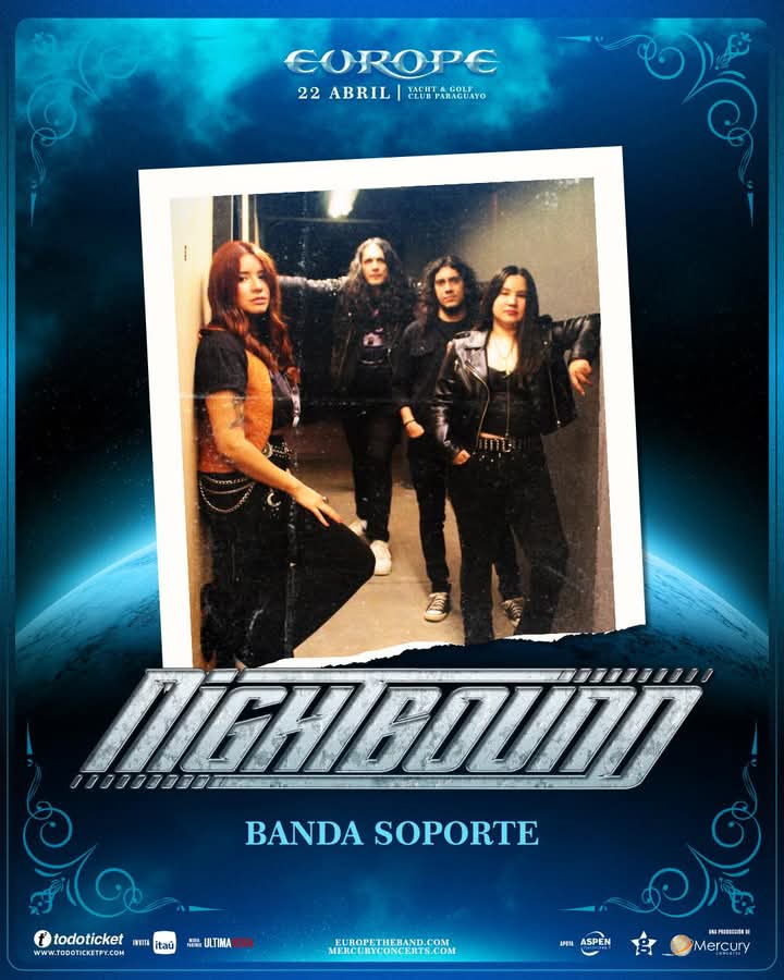 Rock en Paraguay (@rockenpy) on Twitter photo La banda Paraguaya de heavy rock @nightbound_heavy será la banda soporte en el show de <a href="/europetheband/">europetheband</a> en Paraguay!
Entradas disponibles en <a href="/todoticketpy/">Todoticket Paraguay</a>
Organizan: <a href="/_garziagroup/">Garzia Group</a> & <a href="/mercuryconcerts/">Mercury Concerts</a> La banda Paraguaya de heavy rock @nightbound_heavy será la banda soporte en el show de <a href="/europetheband/">europetheband</a> en Paraguay!
Entradas disponibles en <a href="/todoticketpy/">Todoticket Paraguay</a>
Organizan: <a href="/_garziagroup/">Garzia Group</a> & <a href="/mercuryconcerts/">Mercury Concerts</a>