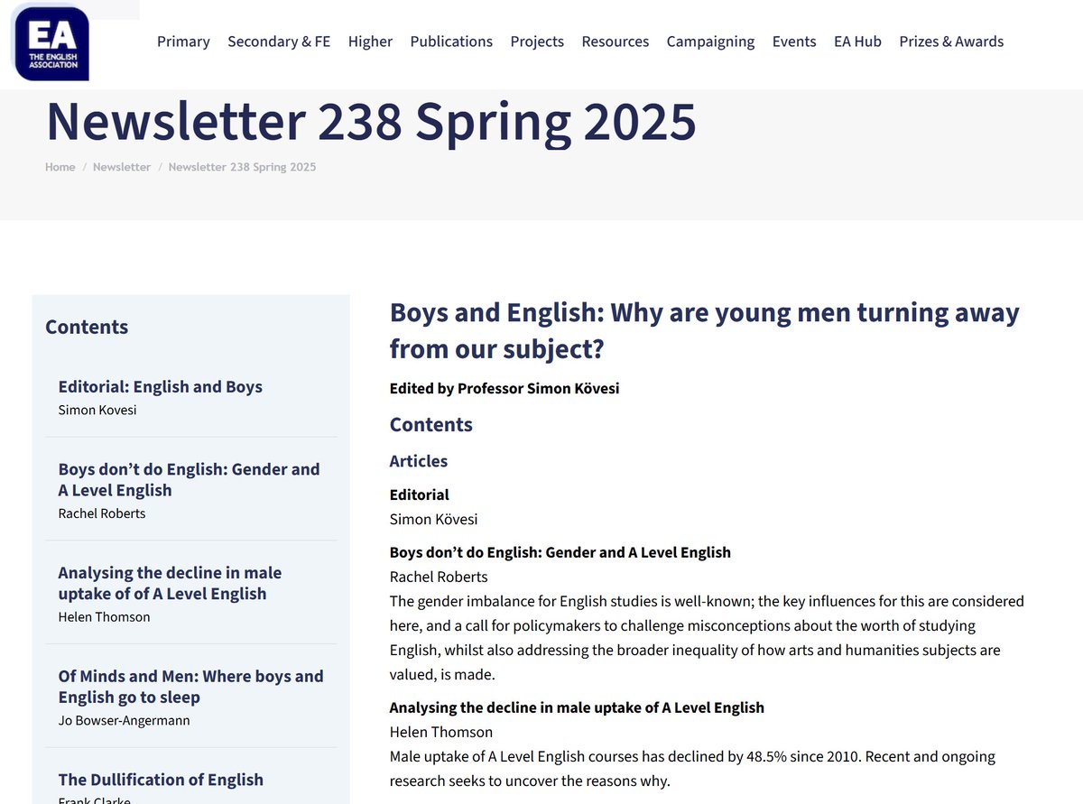 Simon Kövesi (@kovesi1) on Twitter photo Really excited to launch this special issue soon of the English Association Newsletter, with an array of essays we commissioned about the decline of boys doing English, at A Level & degree level especially (decline not so dramatic at all in Scotland). Thanks to all <a href="/EnglishAssoc/">English Association</a> Really excited to launch this special issue soon of the English Association Newsletter, with an array of essays we commissioned about the decline of boys doing English, at A Level & degree level especially (decline not so dramatic at all in Scotland). Thanks to all <a href="/EnglishAssoc/">English Association</a>
