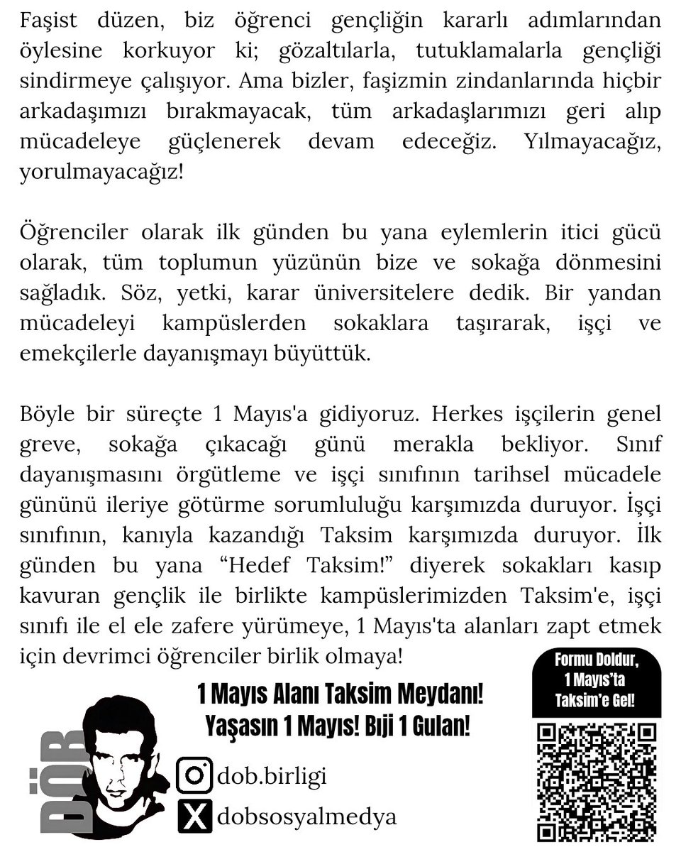 📣KAPİTALİZMİ BARİKATI YIKMAYA 1 MAYIS'TA TAKSİM'E!

Günlerdir “Hedef Taksim!” diyerek sokakları kasıp kavuran gençler olarak, #1Mayıs'ta sınıf dayanışmasını yükseltmek ve İstanbul'da kızıl meydanımız Taksim'e, diğer illerde 1 Mayıs alanlarına yürümek için bir araya geliyoruz.