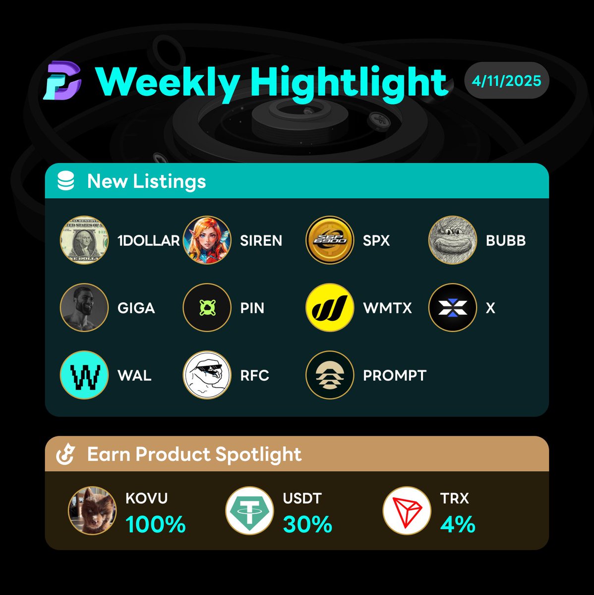 DigiFinex's tweet photo. 🚀 DigiFinex Weekly Highlight

🔥 New Listings
#1DOLLAR, $SIREN, $SPX, $BUBB, $GIGA, $PIN, $WMTX, $X, $WAL, $RFC, $PROMPT 
Trade now and catch the next moonshot!

💰 Earn Product Spotlight
$KOVU – 100%
$USDT – 30%
$TRX – 4%

#DigiFinex #CryptoTrading #NewListing #CryptoEarn #Web3 https://t.co/HqlBOmCbXG
