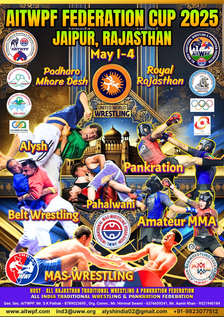 aitwpfindia's tweet photo. 🔥 Get Ready, Warriors! 🔥
 AITWPF Federation Cup 2025
📍 Jaipur, Rajasthan | May 1-4
Hosted by: Rajasthan Traditional Wrestling Federation

📞 Info: Mr. Himmat: 6376659241 | Mr. Tamboli: 9823077512
🌐 https://t.co/ulPA0DgfEC |🇮🇳 Padhaaro Mhaare Desh
#aitwpf #beltwrestling #uww https://t.co/CCqB4IfEt0