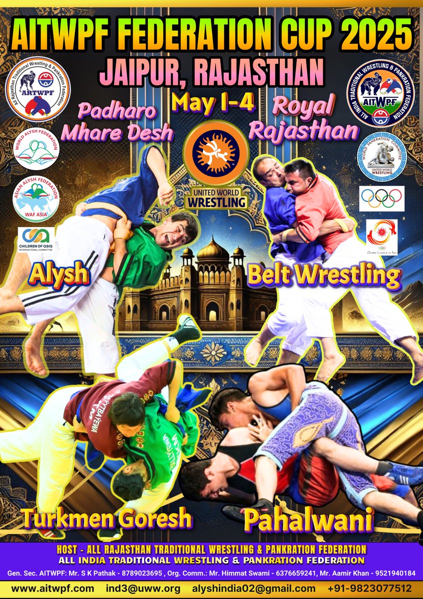 aitwpfindia's tweet photo. 🔥 Get Ready, Warriors! 🔥
 AITWPF Federation Cup 2025
📍 Jaipur, Rajasthan | May 1-4
Hosted by: Rajasthan Traditional Wrestling Federation

📞 Info: Mr. Himmat: 6376659241 | Mr. Tamboli: 9823077512
🌐 https://t.co/ulPA0DgfEC |🇮🇳 Padhaaro Mhaare Desh
#aitwpf #beltwrestling #uww https://t.co/CCqB4IfEt0