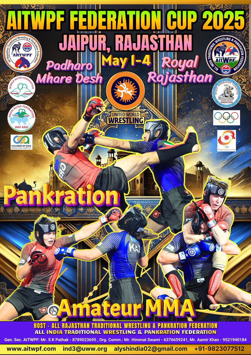 aitwpfindia's tweet photo. 🔥 Get Ready, Warriors! 🔥
 AITWPF Federation Cup 2025
📍 Jaipur, Rajasthan | May 1-4
Hosted by: Rajasthan Traditional Wrestling Federation

📞 Info: Mr. Himmat: 6376659241 | Mr. Tamboli: 9823077512
🌐 https://t.co/ulPA0DgfEC |🇮🇳 Padhaaro Mhaare Desh
#aitwpf #beltwrestling #uww https://t.co/CCqB4IfEt0