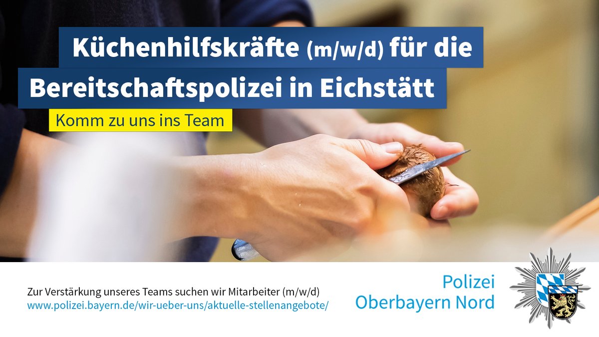 Die II. Bereitschaftspolizeiabteilung in #Eichstätt sucht zum nächstmöglichen Zeitpunkt
(zunächst befristet für 2 Jahre) eine #Küchenhilfskraft (m/w/d) in #Teilzeit (20 Std./Wo.)
mit einer Arbeitszeit Mo-Do 14:30 Uhr – 19:30 Uhr. 
Mehr Infos gibts hier:
polizei.bayern.de/wir-ueber-uns/…