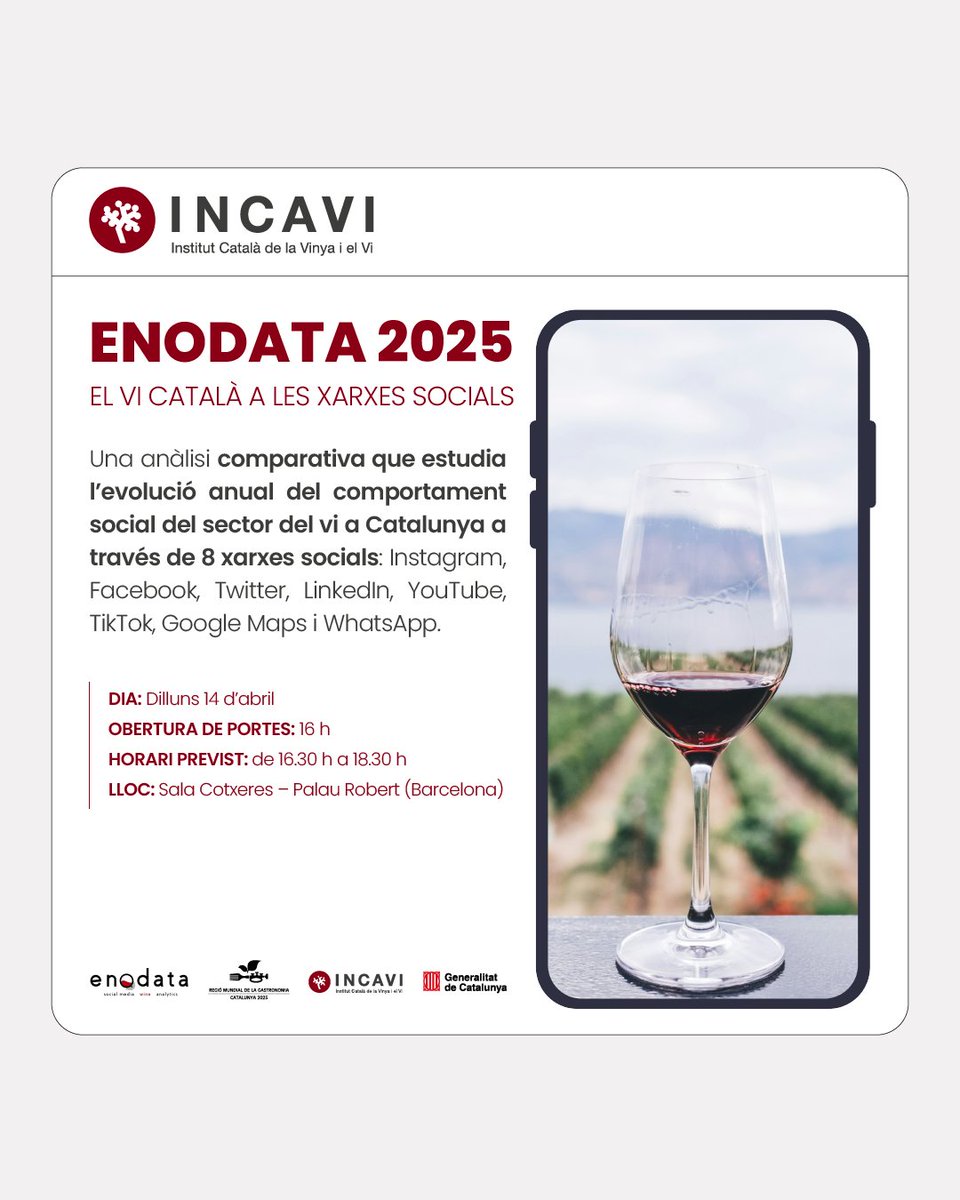 incavicat's tweet photo. Encara ets a temps d'apuntar-te a la presentació de l'estudi 'ENODATA 2025: El vi català a les xarxes socials'!
📲Envia un mail a comunicacio.incavi@gencat.cat https://t.co/C7RWUw1XJY