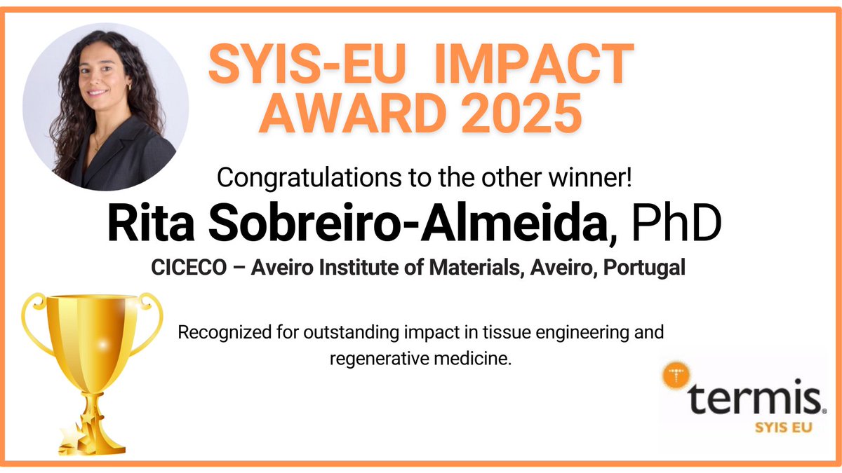 TERMIS SYIS EU (@syiseu) on Twitter photo <a href="/KavehRBFR/">Kaveh Roshanbinfar</a> โจ Rita Sobreiro-Almeida
Ritaโs award-winning research, "Leveraging Blood Components for 3D Printing Applications Through Programmable Ink Engineering Approaches", explores the innovative use of blood components in 3D printing, offering new possibilities in the TERM field. <a href="/KavehRBFR/">Kaveh Roshanbinfar</a> โจ Rita Sobreiro-Almeida
Ritaโs award-winning research, "Leveraging Blood Components for 3D Printing Applications Through Programmable Ink Engineering Approaches", explores the innovative use of blood components in 3D printing, offering new possibilities in the TERM field.