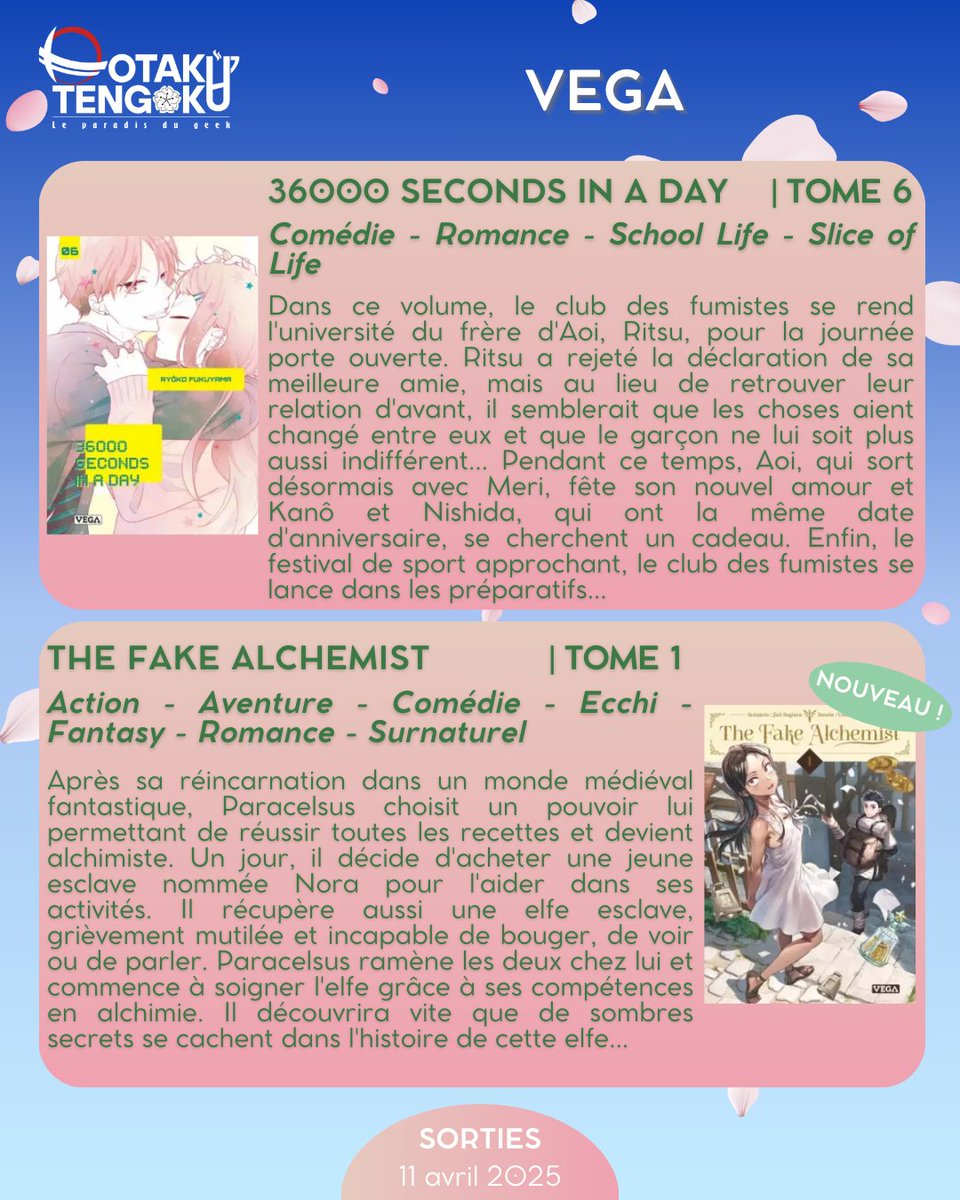 OTengoku_fr's tweet photo. Les #SortiesManga 📖 du vendredi 11 Avril chez @vegalivres
• 36000 Seconds in a Day 06
• The Fake Alchemist 01 https://t.co/IBsXOJfDNN