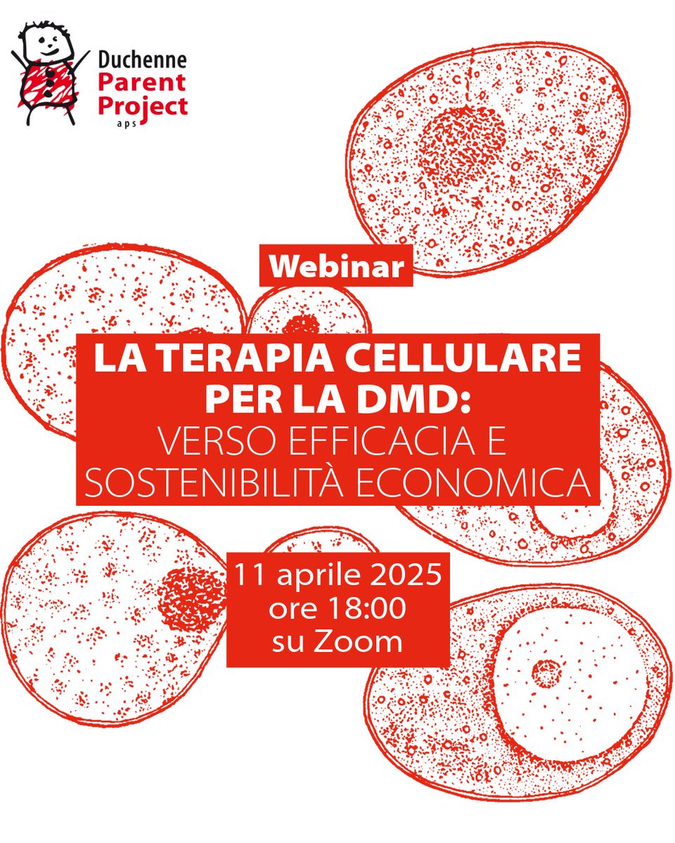 Oggi alle 18 il webinar "La terapia cellulare per la DMD verso efficacia e sostenibilità economica", qui info e link per partecipare &gt;&gt; parentproject.it/webinar-la-ter…
