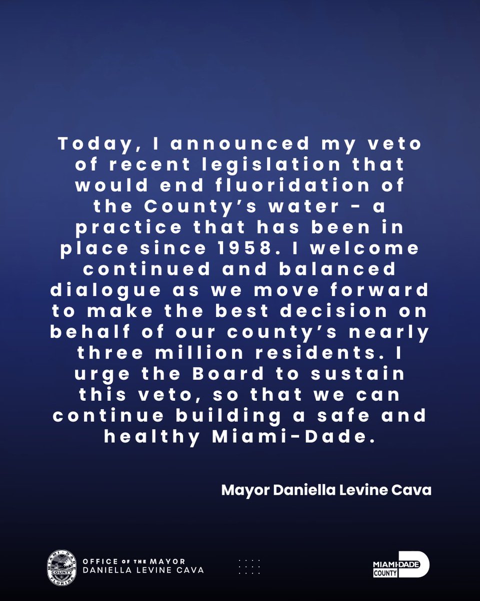 Today I announced my decision to veto legislation that would end water fluoridation in Miami-Dade, following the guidance of dentists &amp; medical experts. Our community's health is my top priority, and the experts affirm fluoride as a safe, effective way to protect dental health.