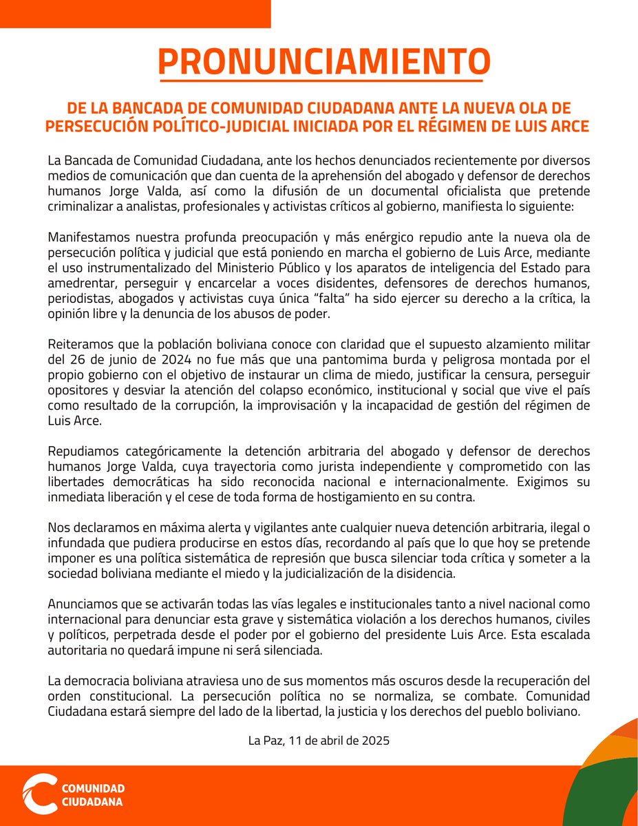 Pronunciamiento de la bancada de Comunidad Ciudadana sobre la detención del abogado y activista en Derechos Humanos, Jorge Valda, y la nueva ola de persecución política iniciada por el gobierno de Arce.