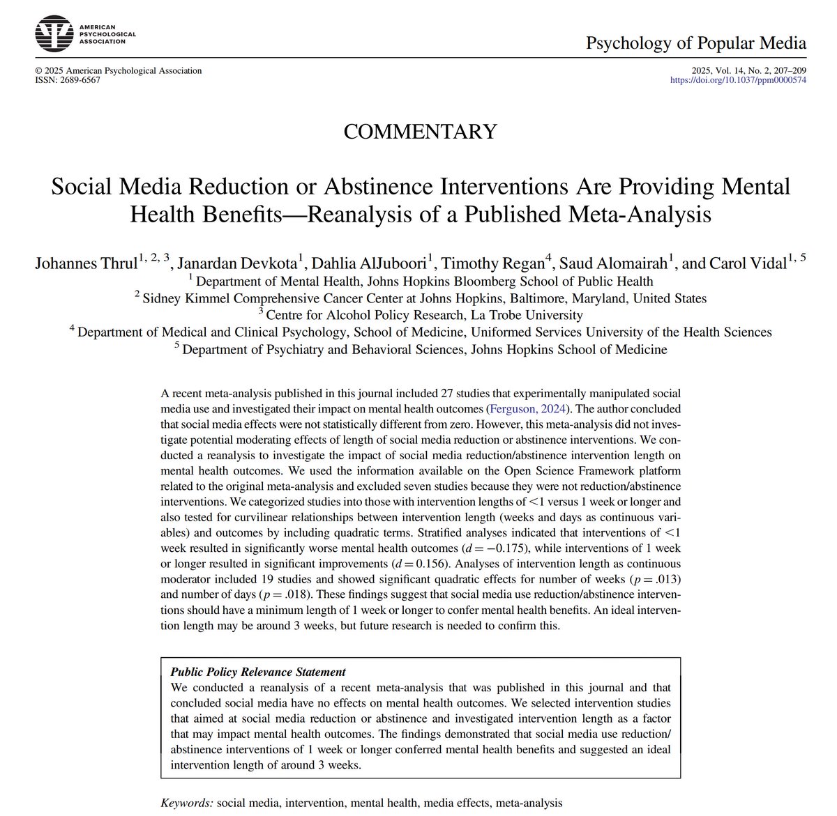 Johannes Thrul (@drjthrul) on Twitter photo 1/3 Now officially published: Our re-analysis of <a href="/CJFerguson1111/">Chris Ferguson</a>'s meta-analysis. Our findings suggest that social media reduction or abstinence interventions can have small, but significant mental health benefits.
<a href="/JohnsHopkinsSPH/">Johns Hopkins Bloomberg School of Public Health</a> <a href="/JohnsHopkinsDMH/">Dept of Mental Health at BSPH</a>
doi.org/10.1037/ppm000… 1/3 Now officially published: Our re-analysis of <a href="/CJFerguson1111/">Chris Ferguson</a>'s meta-analysis. Our findings suggest that social media reduction or abstinence interventions can have small, but significant mental health benefits.
<a href="/JohnsHopkinsSPH/">Johns Hopkins Bloomberg School of Public Health</a> <a href="/JohnsHopkinsDMH/">Dept of Mental Health at BSPH</a>
doi.org/10.1037/ppm000…