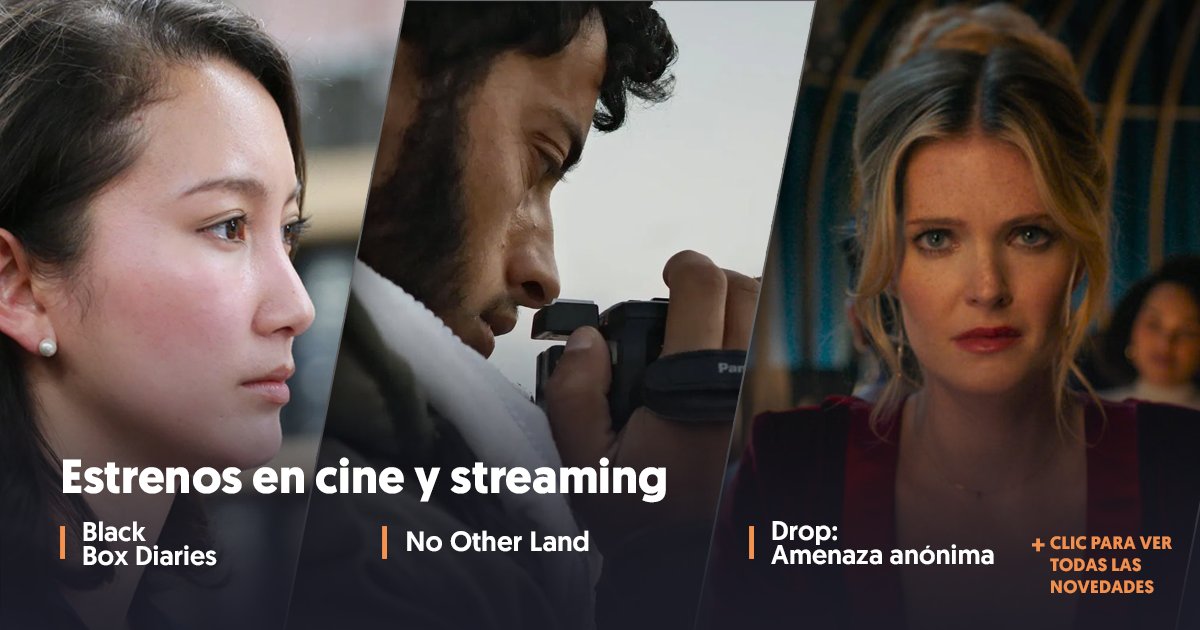 #BlackBoxDiaries en Filmelier+, el documental ganador del Oscar #NoOtherLand y el thriller #Drop son algunas de las novedades en #cines y en #streaming. 

¡Entra al link para ver todos los #estrenos de la semana! buff.ly/6MIwi8c